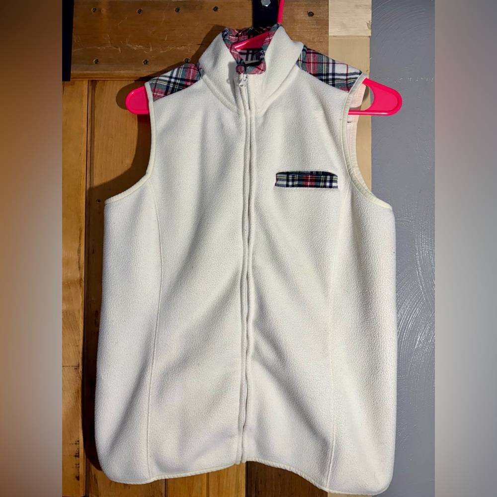 Brooks Brothers Cream Fleece Vest Plaid Trim Full Zip Size Medium